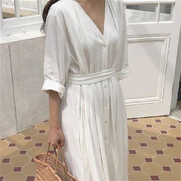 【米蘭精品】連身裙長袖洋裝-韓系V領褶皺寬鬆女裙子2色74kd5