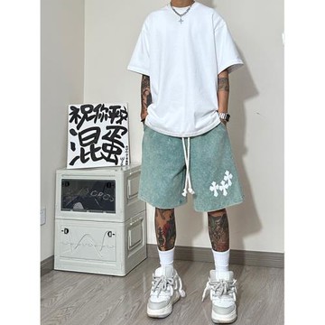 水洗做舊褲子男美式復古重磅短褲純棉直筒寬松休閑中褲夏季五分褲