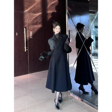 大碼法式名媛赫本風加厚毛呢外套女冬季高級感中長款呢子黑色大衣
