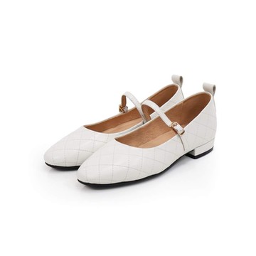 viina真皮菱格紋方頭瑪莉珍娃娃鞋－白