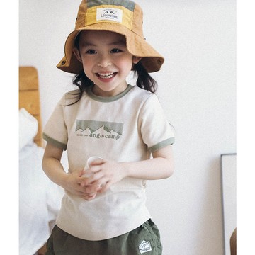 Y B S - 棉質圓領短袖上衣-撞色滾邊側抓皺-灰杏