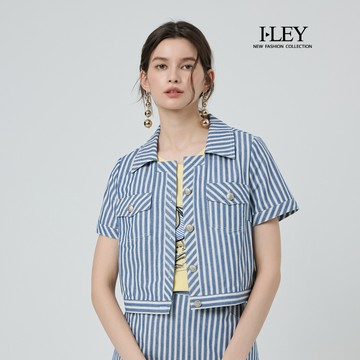 ILEY伊蕾 水手條紋襯衫領純棉短袖外套(藍；M-XL)