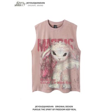 vintage嘻哈坎肩多巴胺兔子印花麂皮絨無袖T恤男女潮牌運動汗背心