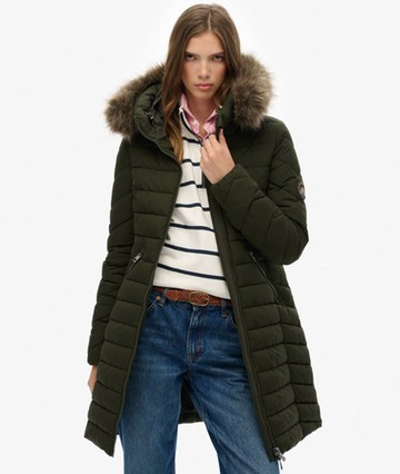 Superdry Women's Fuji Faux Fur Hooded Mid Length Coat Green Size: 6