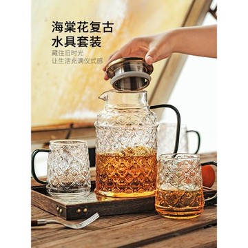 摩登主婦復古海棠花玻璃冷水壺耐高溫高顏值涼水壺家用大容量茶壺