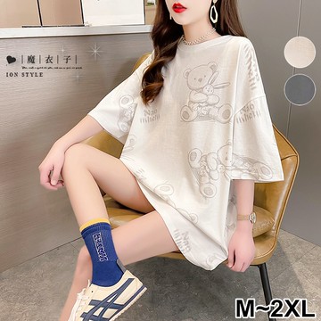 【QV3767】魔衣子-可愛風潮．塗鴉小熊印花寬鬆圓領短袖T恤