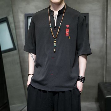 中國風t恤男士短袖夏季薄款寬松大碼潮流五分袖茶服冰絲唐裝半袖