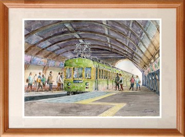 水彩畫原畫 江之電藤澤站月台 3