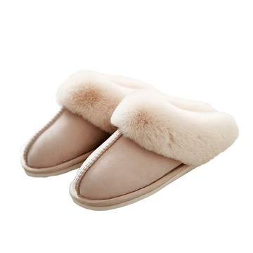 麂皮絨兔毛口包頭保暖防滑男女室內拖鞋  40~41  卡其色