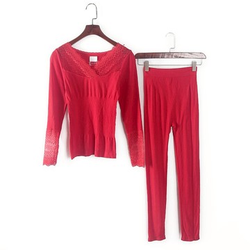 嬋品牌秋冬裝專柜撤柜女裝大紅色均碼V領本命年保暖套裝 76157