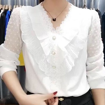 蕾絲娃娃領長袖上衣女春秋寬松大碼遮肚子高檔洋氣雪紡針織打底衫