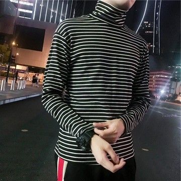 🔥熱銷男装🔥春秋季男士高領長袖黑白條紋圓領打底韓版修身衣服秋衣上衣T恤