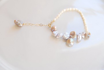 灰色្ន鶘珍珠與米珠手鍊 14KGF