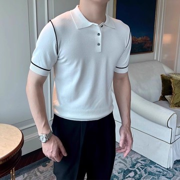 拼色條紋Polo衫男短袖 夏季薄款針織保羅翻領冰絲t恤緊身高級輕熟