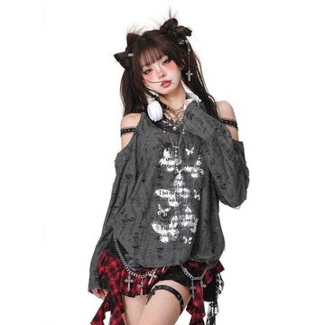 本土出貨  kellykitty酷街頭 美式甜酷露肩針織衫女秋冬灰色y2k上衣辣妹T恤 y2k 辣妹 甜酷 ZMZ6&1