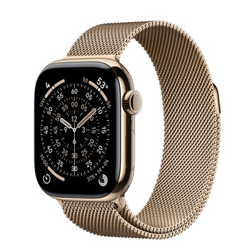 Apple Watch Series 11 (GPS + 行動網路)；42 公釐金色鈦金屬錶殼；金色米蘭式錶環