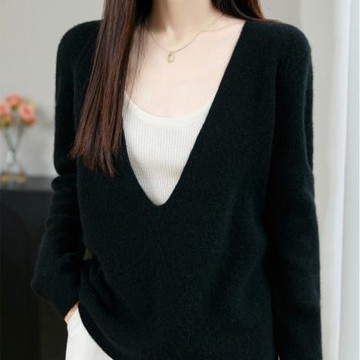 【米蘭精品】現貨+預購 100%羊毛衣針織衫發熱衣長袖保暖內搭加絨寬鬆大碼休閒-V領罩衫女上衣4色74nc103