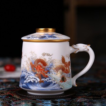 陶瓷杯子琺瑯彩白瓷辦公室喝茶杯文化創意國潮水杯馬克杯帶蓋過濾