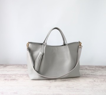 2WAY 柔軟水桶托特包 M尺寸 寬15公分ver・縮小皮革・淺灰色・訂製生產