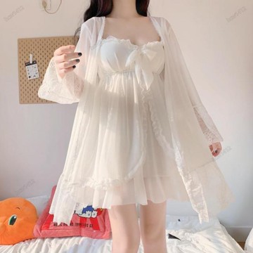 楓葉強推🔥短款春夏新款公主風甜美家居服收腰打底單吊帶睡裙兩件套裝短款性感睡衣 冰絲睡裙 冰絲睡衣 蕾絲睡衣 細肩帶睡衣