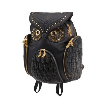 Morn Creations 貓頭鷹後背包-黑色皮草鉚釘(L)