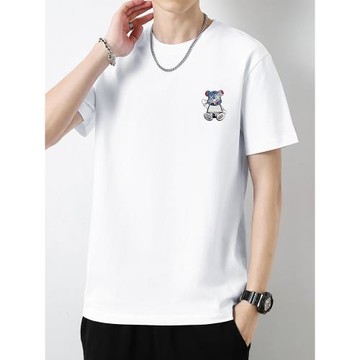 230g重磅純棉短袖t恤男小熊夏季圓領白色液氨長絨棉100%全棉半袖