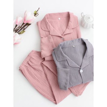 簡約情侶睡衣水洗縐布春秋純棉薄款套裝全棉男女純色長袖家居服