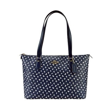 [平輸版] 【COACH】 花與蝶印花深藍色PVC金字後拉鍊袋肩背托特包 真品平輸