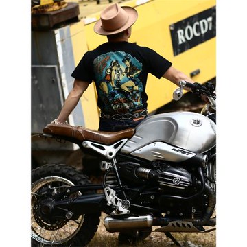 美式復古阿美咔嘰骷髏機車女郎短袖t恤男純棉重磅寬松西海岸休閑