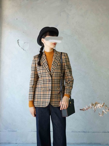 尋寶古著-DAKS英倫經典卡其格紋修身毛料西裝外套