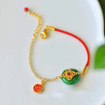 時來運轉系列仿碧玉髓平安扣手鏈紅繩福字牌3D花紋宮廷風飾品女
