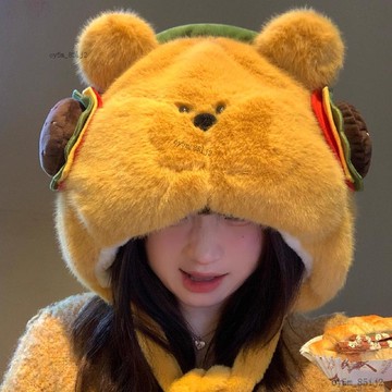 ⚡台灣熱賣好物⚡2025新款可爱汉堡小熊毛绒帽子女冬季大头围显脸小保暖护耳雷锋帽