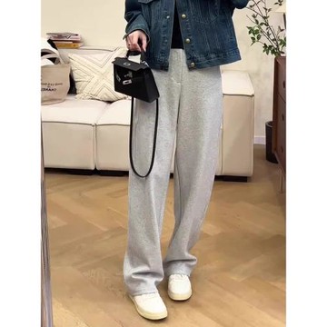 大碼直筒休閑褲女春秋梨型身材褲子胖mm寬松高腰灰色衛褲闊腿長褲