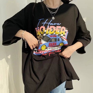 ANNAS 正韓 笑臉 汽車 短袖 上衣 棉T 短T 潮流 休閒 寬鬆 長版 印花 復古 韓國