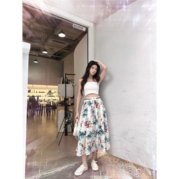 2024夏季新品miu系度假減齡風熱帶椰樹花卉比基尼沖浪印花半身裙