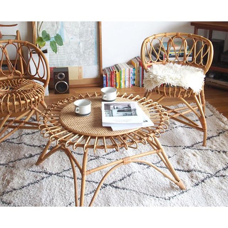 ヴィンテージ ラタンテーブル ラウンド 籐 コーヒーテーブル 棚付き レトロ ヴィンテージ ラタンテーブル ラウンド 籐 コーヒーテーブル 棚