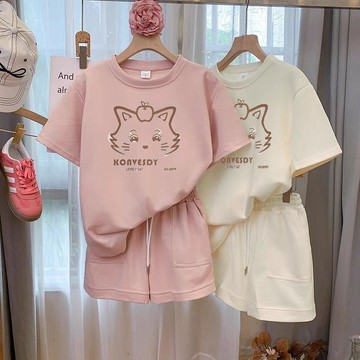 Healthy baby 夏季女童貓咪印花時尚簡約純色韓版新款運動休閒居家兒童套裝居家服兒童睡衣兒童短袖睡衣兒童睡衣套裝
