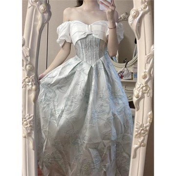 蝴蝶夫人新款重工刺繡法式氣質藝考年會一字肩泡泡袖公主晚禮服