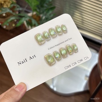 ✨Hannah✨純手工【精靈】短款綠色玻璃珠貓眼蝴蝶亮片透顯白清新可愛穿戴甲精緻穿戴甲 WFFO