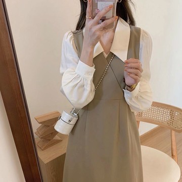 雪紡連身裙洋裝秋天中長裙假兩件裙子小香風背帶氣質輕奢高級感時尚【淘夢屋】