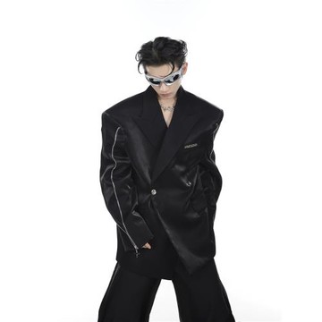 ArguE小眾解構液態流光墊肩廓形西服外套金屬拉鏈設計感西裝男