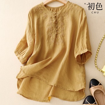 初色 文青復古風棉麻中式刺繡寬鬆舒適圓領五分短袖襯衫上衣女上衣-共4色-33697(M-2XL可選)