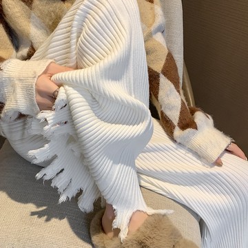 加厚軟糯白色流蘇針織闊腿褲女 豎坑條高腰抽繩顯瘦休閒拖地褲