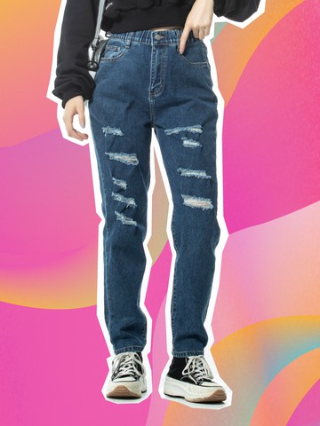 鬆緊腰刷破彈力牛仔長褲