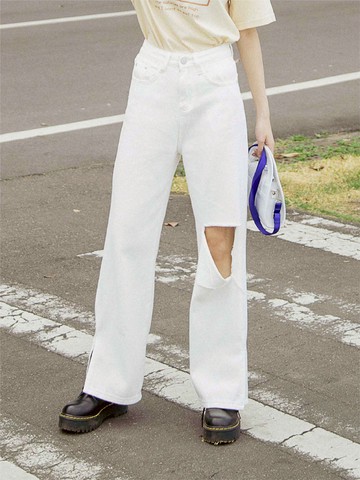 側開衩割破寬口落地牛仔長褲