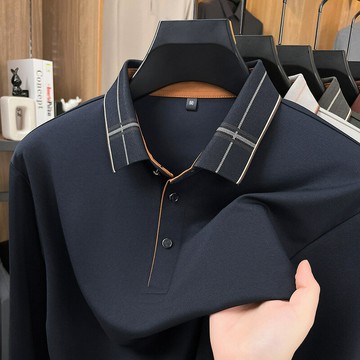 商務休閑男士長袖T恤衫秋季翻領無痕純色polo衫打底上衣中年男裝鑫弘-衣錦男裝