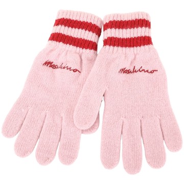 MOSCHINO 刺繡草寫字母條紋羊毛混紡針織手套(粉紅色)