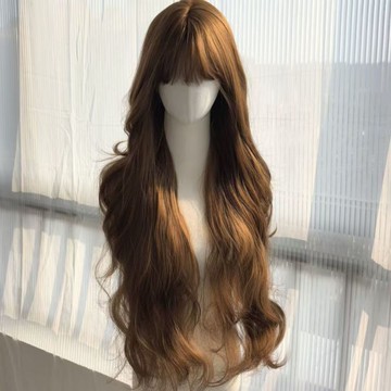 【KEKE】假髮女 蜜茶亞麻 85cm 水波紋 鬢角 大波浪 長捲髮 jk 齊劉海 整頂 全頭套式 加厚髮片 增量假髮