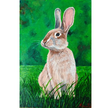 逼真的兔子肖像  翠綠色背景  動物繪畫  作者  RinaArtSK