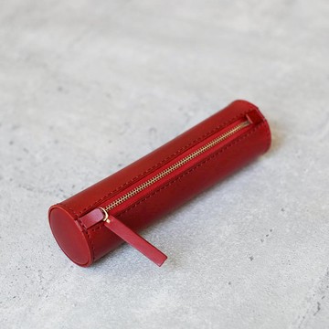玫瑰紅色真皮手工圓筒筆袋